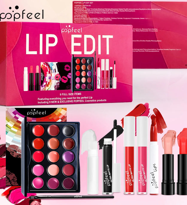 POPFEEL Lip Edit Set | Full-Size Lip Kit w/ Liners, Gloss & Palette | Essential Makeup Set for Perfect Lips | Trendy Beauty Gift