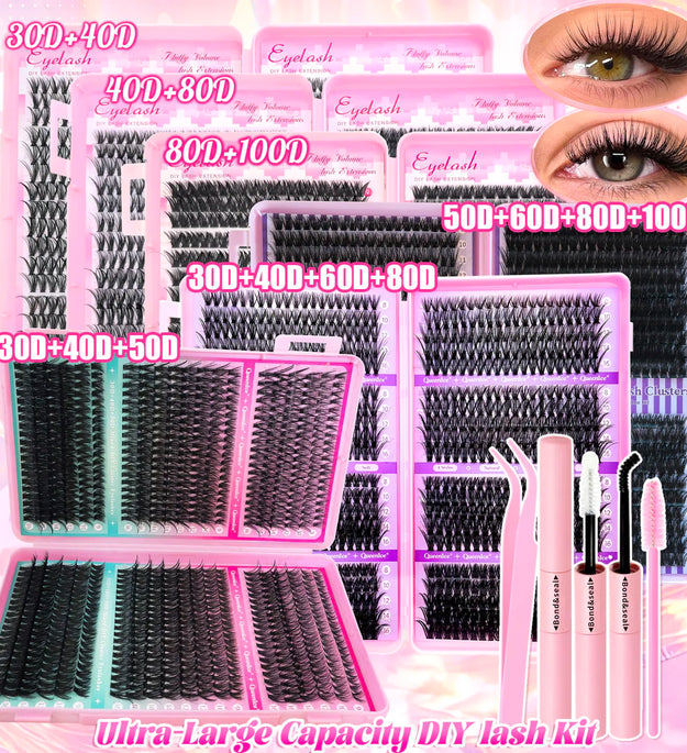 DIY Lash Extension Kit Clusters Individual Eyelashes Kit 9-16mm with Bond and Seal Wispy Natural Mange Lashes