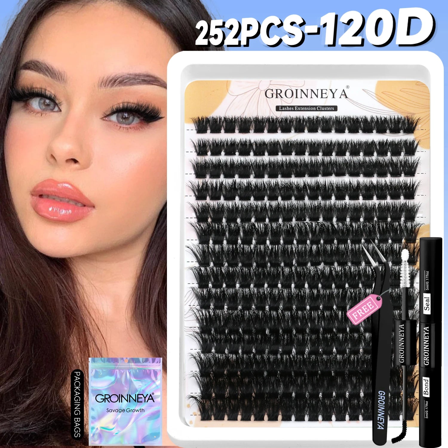 GROINNEYA Lash Clusters Kit With Waterproof Strong Hold DIY Lash Extension Kit Lash Bond And Seal And Eyelash Tweezers Makeup