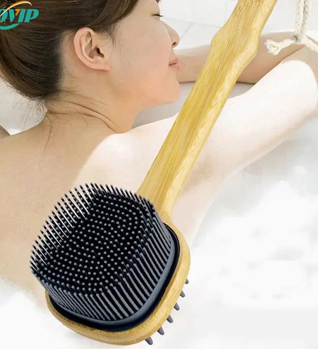 1pc Silicone Brush Head Back Scrubber Shower Brush With Long Wooden Handle Dry Skin Exfoliating Body Massage Cleaning Tool
