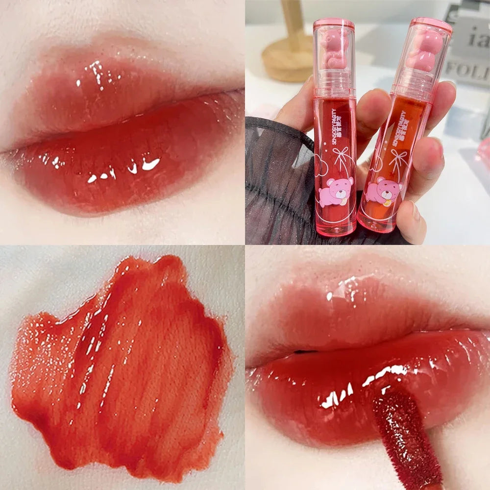 Crystal-frozen Glossy Lip Glaze Cute Bear Pink Jelly Lipgloss Glossy Mirror White Nude Liquid Lipstick Lips Makeup Korean Makeup