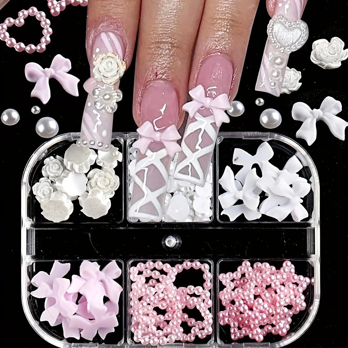 6/7/12 grids 3D Nail Charms and Pearls  Bows Charm Pink&White Star Heart Moon Cute Nail Jewels for Nail Art DIY Decorations