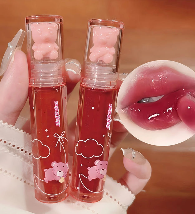 6 color lip glaze, cute little bear, mirror gloss, jelly lips with sparkling light dew water, long-lasting stain resistant trans