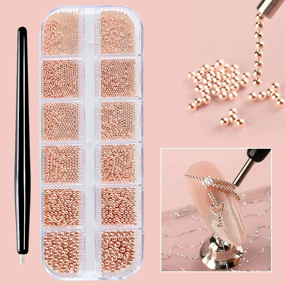 12Grids Mini Caviar Beads Nail Art Decorations Metal Gold/Silver Micro Ball Nail Charms Magnetic Pen 0.5~3mm Ball Nail Jewelry