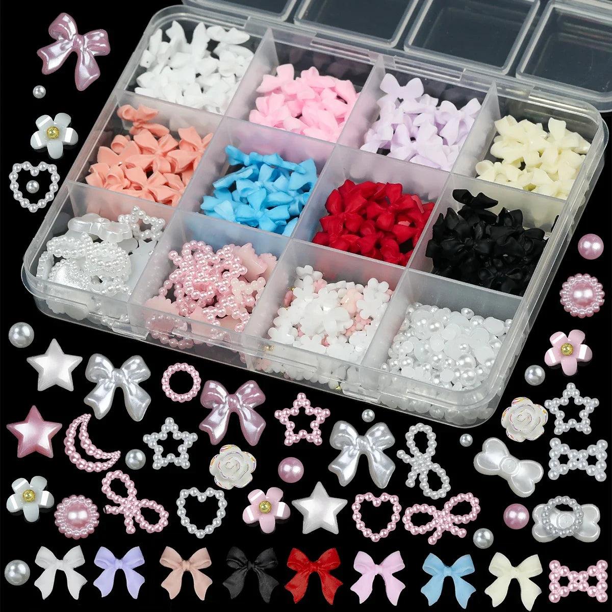 6/7/12 grids 3D Nail Charms and Pearls  Bows Charm Pink&White Star Heart Moon Cute Nail Jewels for Nail Art DIY Decorations