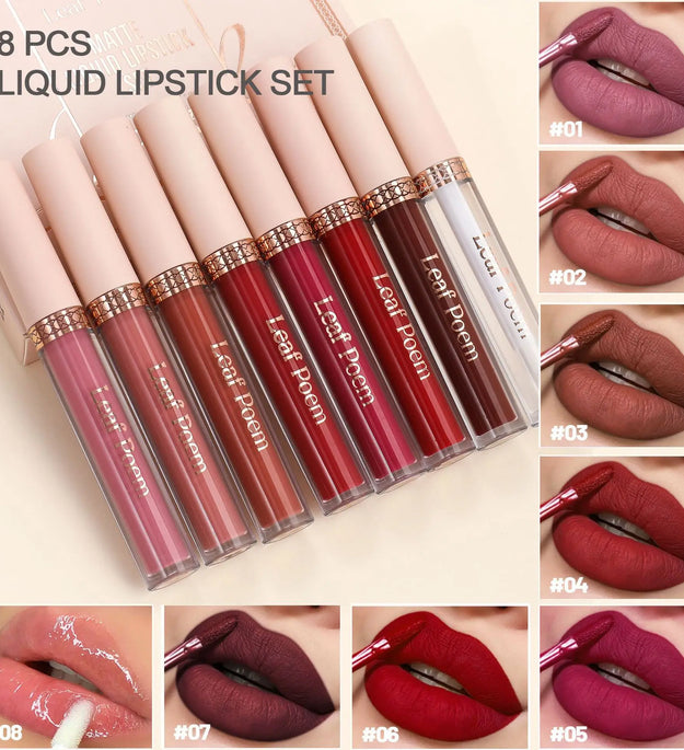 8 pcs matte liquid lipstick, lip glaze - waterproof, non-stick, long-lasting lip gloss, brown, pink, purple and red tones, suitable for Valentine's Day, daily, parties, travel