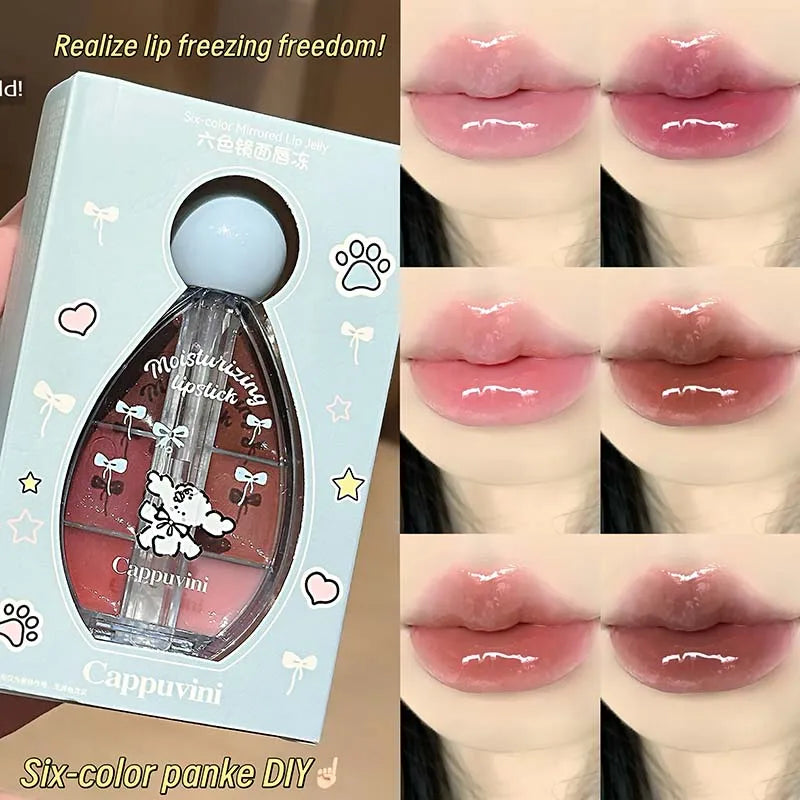 Six-color Strawberry Mirror Jelly Lipstick Palette Juicy Pink Solid Lip Gloss Set Moisturizing Lip Oil Tint with Silicone Brush