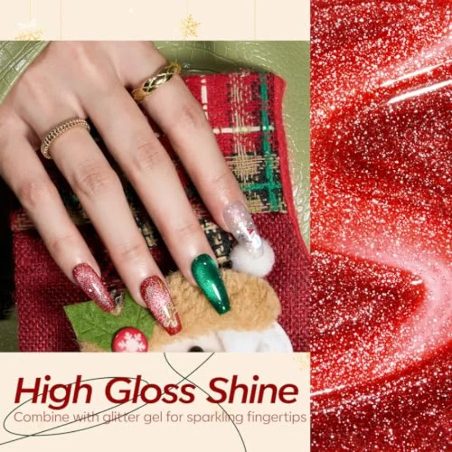 Christmas Gel Nail Polish Set 6 Colors Cat Eye Red Green Glitter Gold Silver Winter Gel Polish Kit with Magnet Nail Stickers So