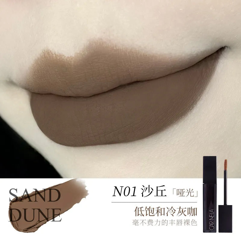 CARMELA Lipstick Matte Velvet Goth Smoky Grey Black Nude Lipclay High Colors Non-stick Cup Long-lasting Lips Tint Cosmetics