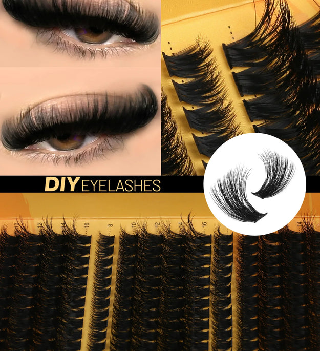 GROINNEYA Cluster Lashes DIY Eyelash Extension C Curl Long Individual Lashes Mixed Tray Faux Mink Lash Clusters Extensions