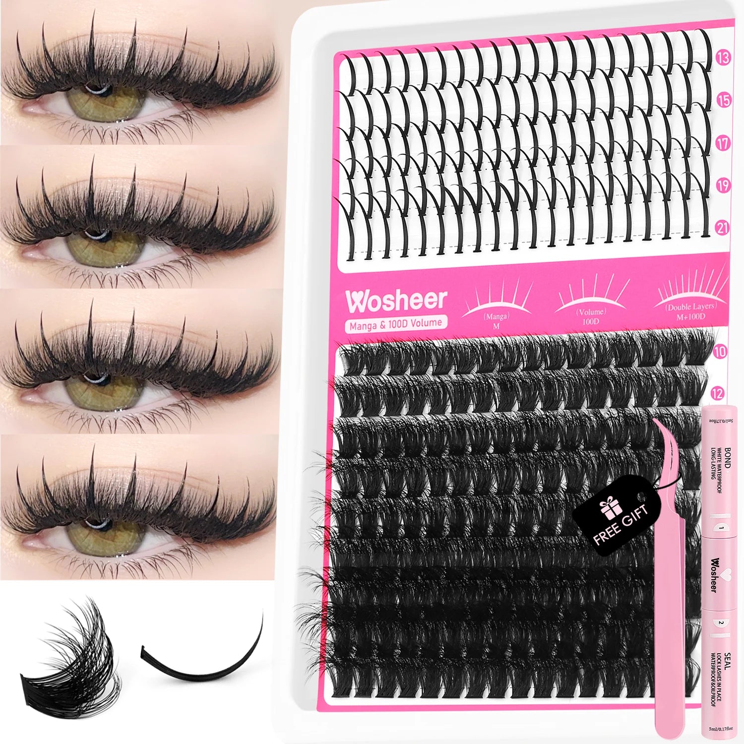 WOSHEER Lash Clusters Kit Lash Spikes Eyelash Clusters Volume Individual Lashes DIY Spiky Lash Extension Manga Clusters Eyelash
