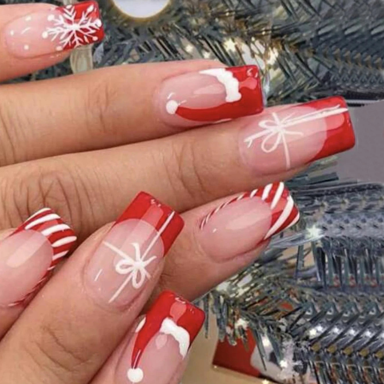 24PCS Rectangular false nails, snowflake striped gingerbread Design, Christmas False Nails, Acrylic Artificial Rubber Nails
