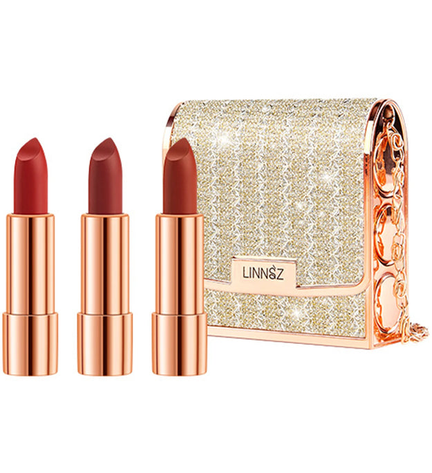 Matte Lipstick Set 3 Colours with Silver Chain Bag Waterproof Non-Stick Long Lasting Makeup Red 3.5gx3pcs for Women and Girls