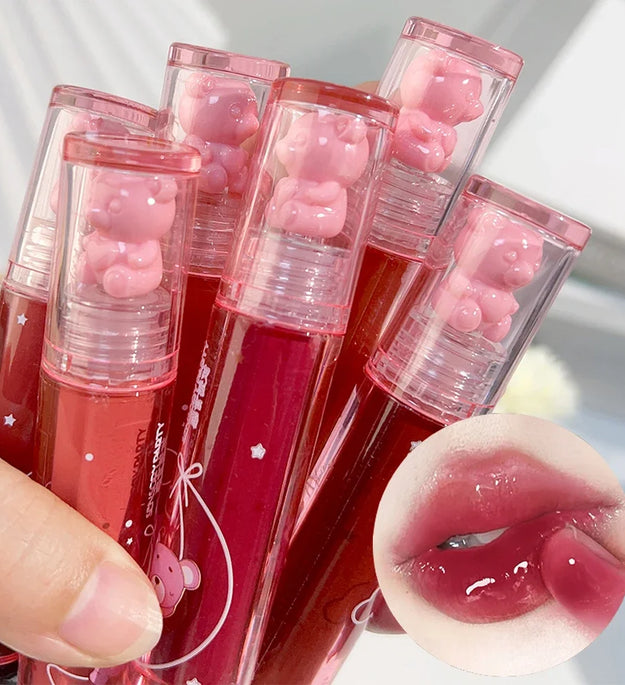 Crystal-frozen Glossy Lip Glaze Cute Bear Pink Jelly Lipgloss Glossy Mirror White Nude Liquid Lipstick Lips Makeup Korean Makeup