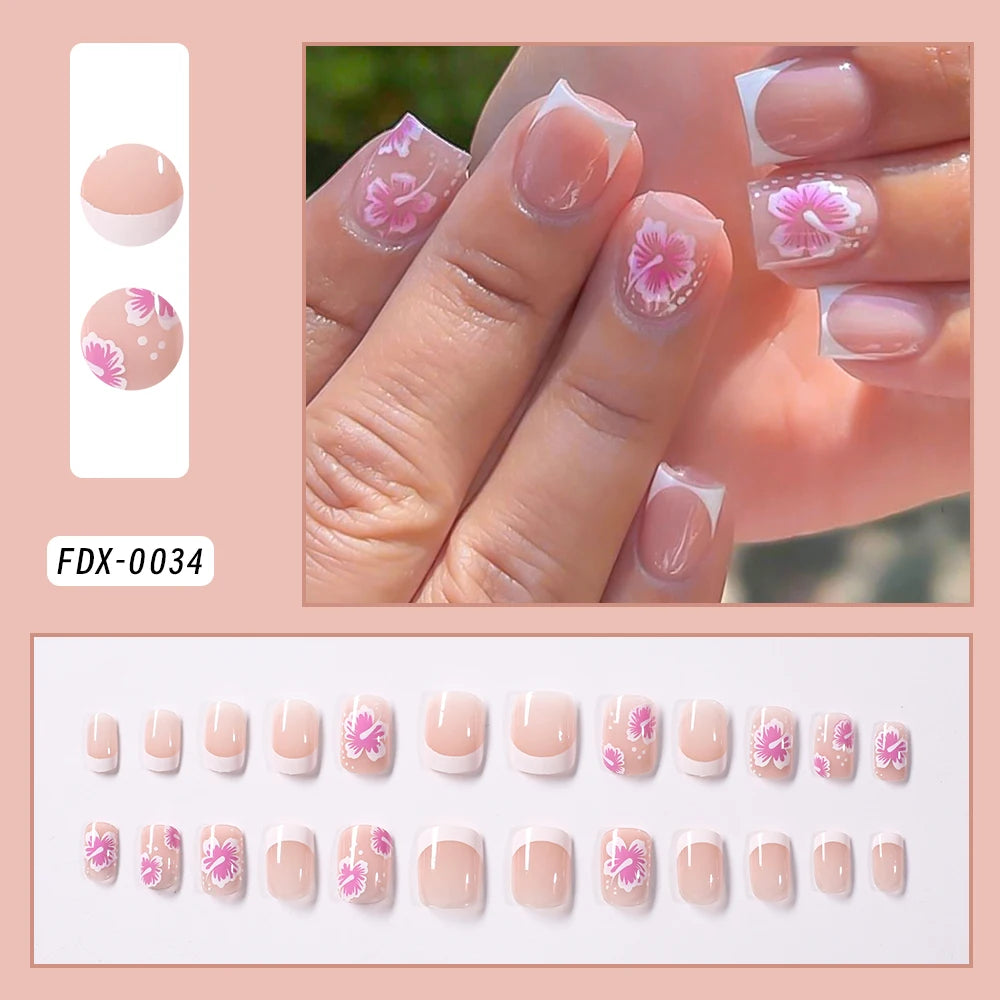 24Pcs Short Square Coffin False Nails French Glitter Wearable Fake Nails Acrylic Full Cover Women Ballet Press on Nails Tips