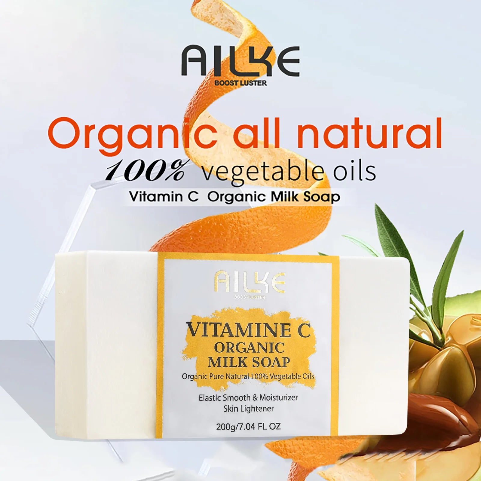 AILKE Vitamin C Organic Milk Soap Bar, Whitening, Reduce Wrinkles, Anti-Aging, Smooth & Soften Skin, for Face, Body, 200g/7 oz