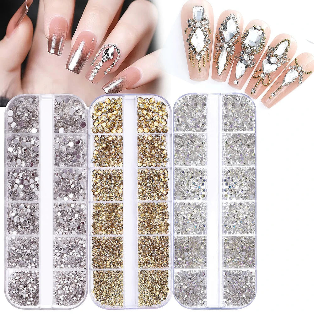 2400pcs+ Shiny Clear Crystal Gems Nail Rhinestones 1.5-4mm Mixed Round Glass Stone Flatback Nail Charms 12grids Nail Diamond DIY
