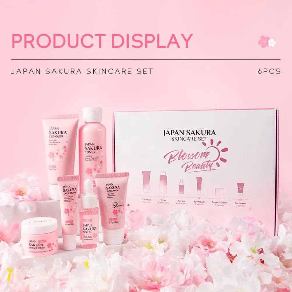 6pcs/Set Sakura Skin Care Sets Face Cream Serum Toner Facial Cleanser Sunscreen Eye Cream Face Skin Care Set Product Gift box - BlissFully
