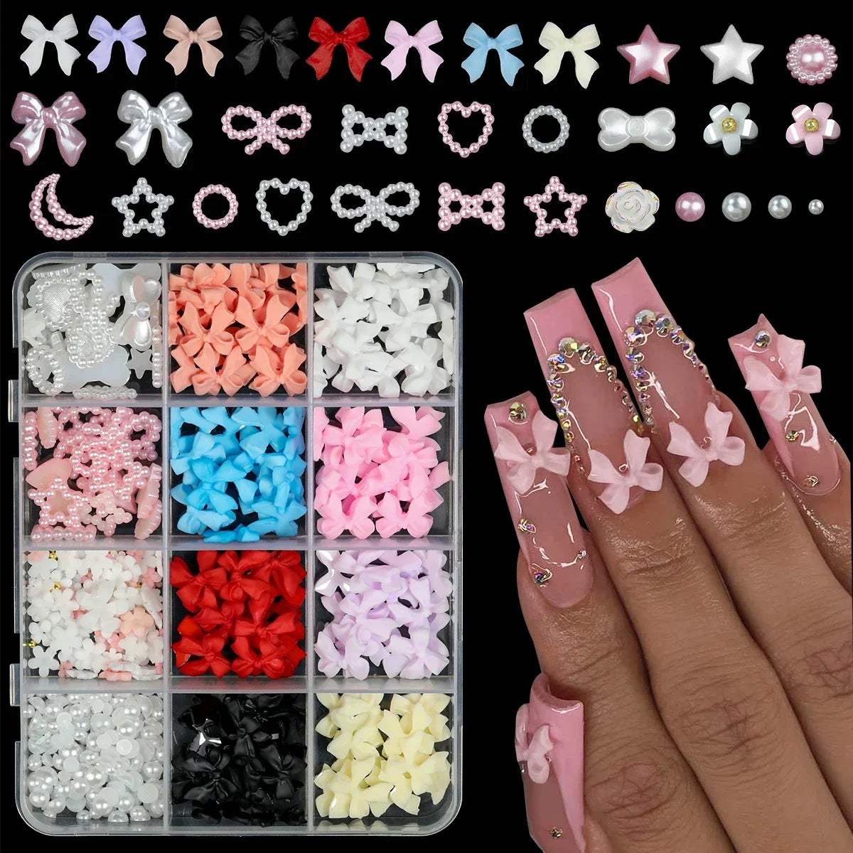 6/7/12 grids 3D Nail Charms and Pearls  Bows Charm Pink&White Star Heart Moon Cute Nail Jewels for Nail Art DIY Decorations