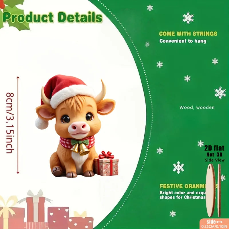 9pcs Wooden Highland Cow Christmas Tree Decoratio with Expressive Eyes and Wear Red and White Bells Xmas Hat 2D Festival Pendant