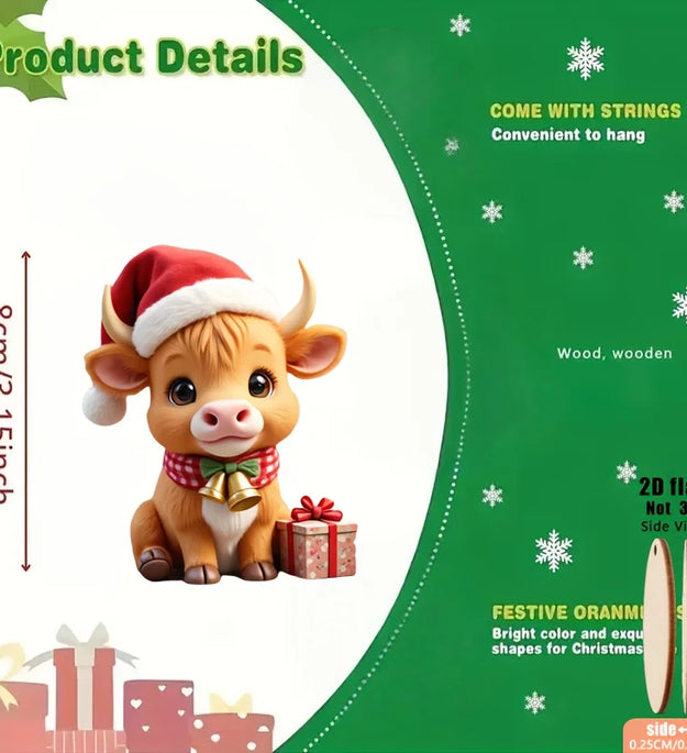 9pcs Wooden Highland Cow Christmas Tree Decoratio with Expressive Eyes and Wear Red and White Bells Xmas Hat 2D Festival Pendant