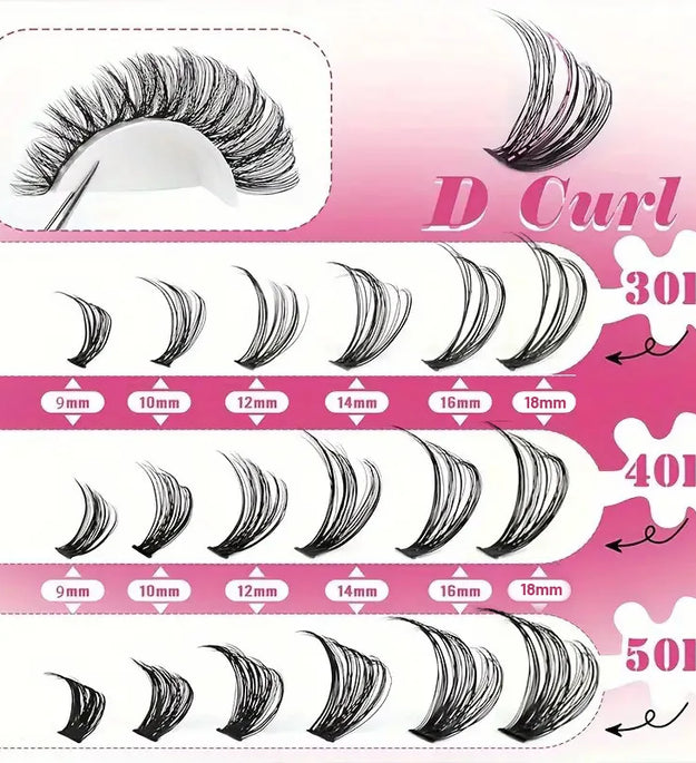 MIAOJIE Eyelash Extension Kit Complete 640pcs D Curl Eyelash Extension Kit with Cluster Eyelashes, Applicator and Bond & Seal