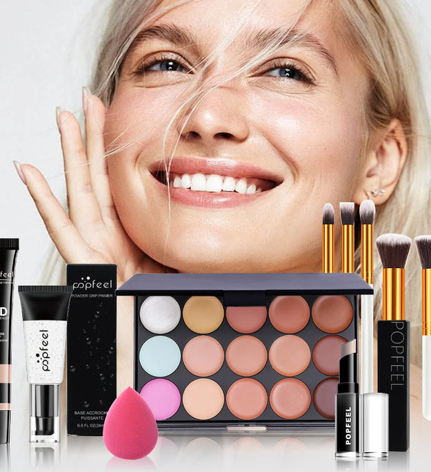 POPFEEL 10-Piece Face Makeup Set - Beginner-Friendly Foundation, Concealer & Brush Combo - Complete Face Makeup Kit for Flawless