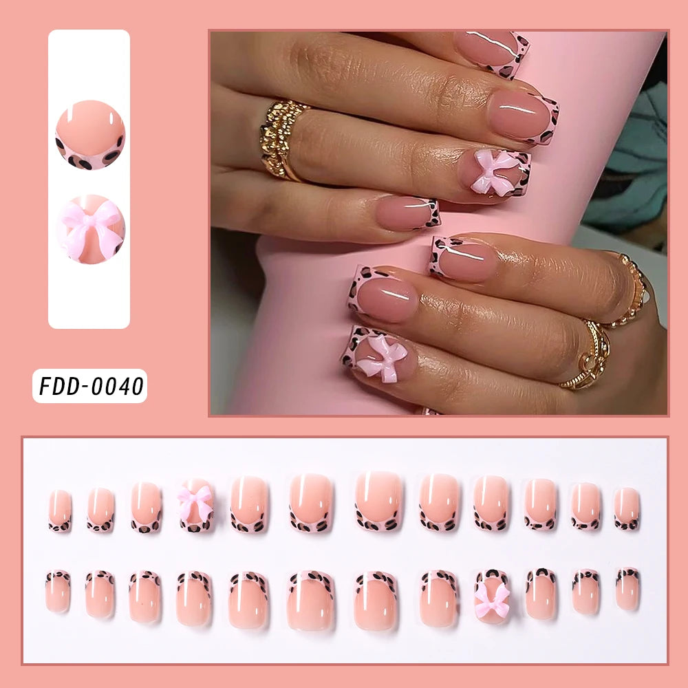 24Pcs Short Square Coffin False Nails French Glitter Wearable Fake Nails Acrylic Full Cover Women Ballet Press on Nails Tips