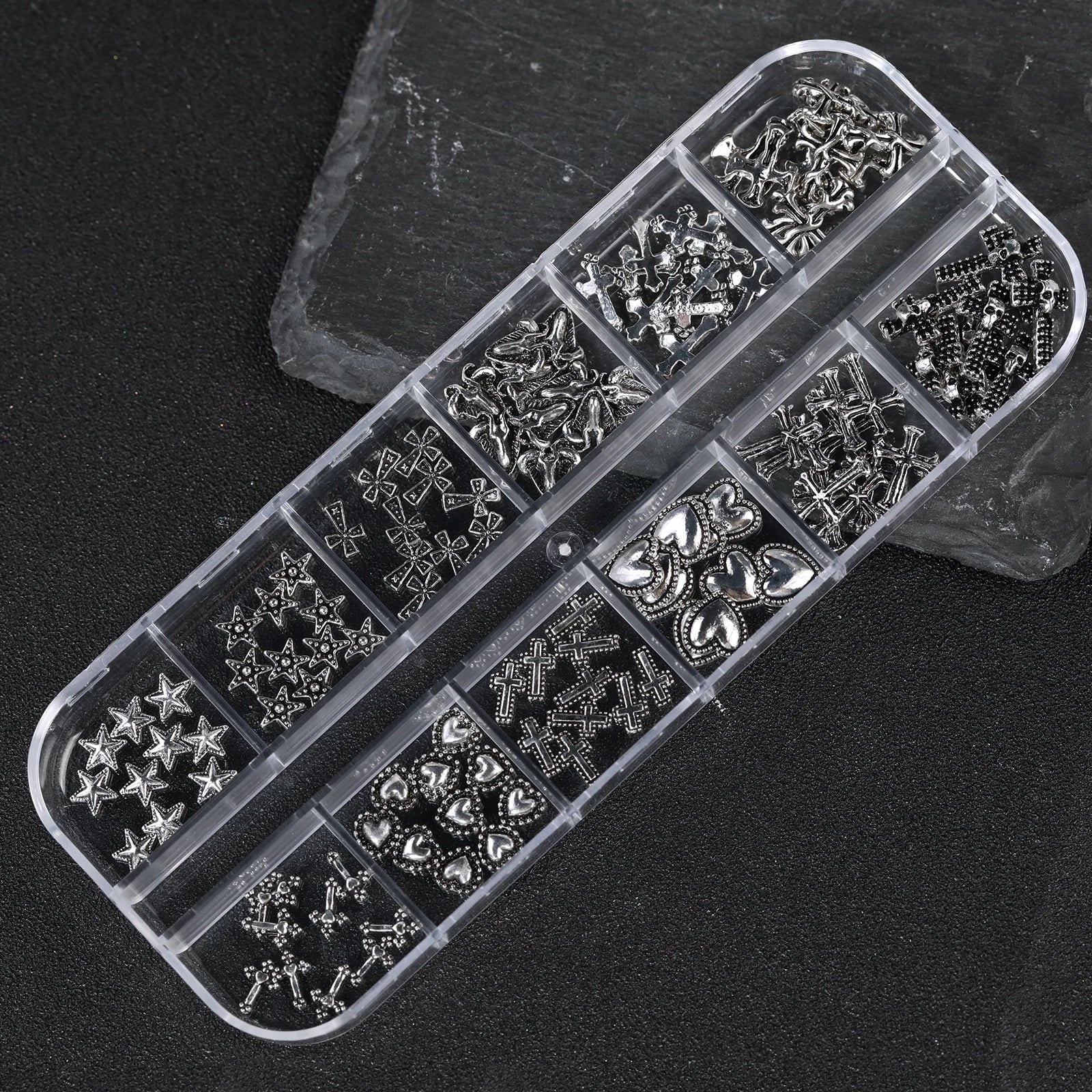 12 Gothic Punk Retro Dark Nail Jewellery 3D Cross Heart Devil Angel Nail Rhinestone Accessories DIY Glamour Nail Decoration