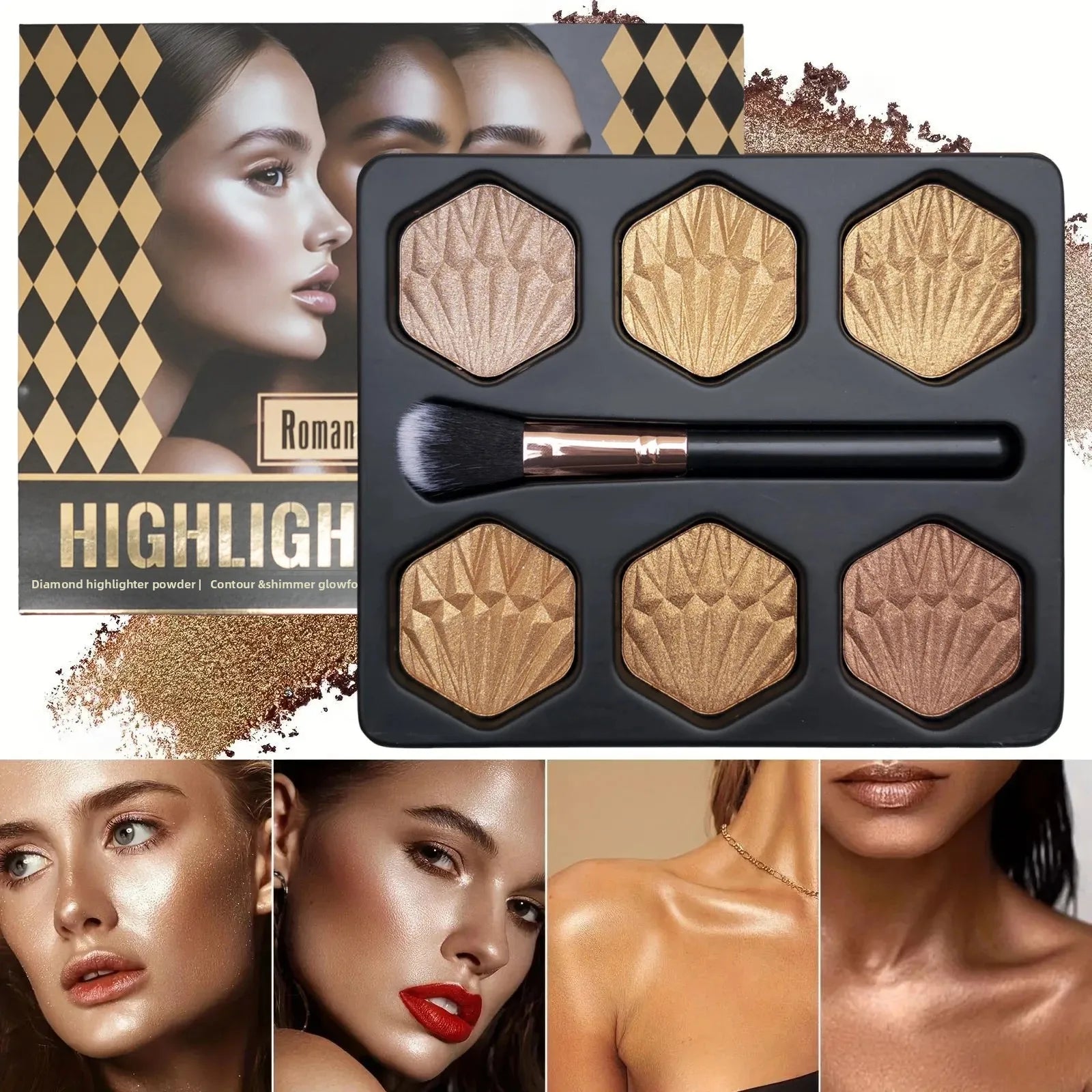 6-Color Bronzed Fine Glitter Highlighter Palette - Eyeshadow Brush Included Contour Highlighter Sculpts Facial Bones