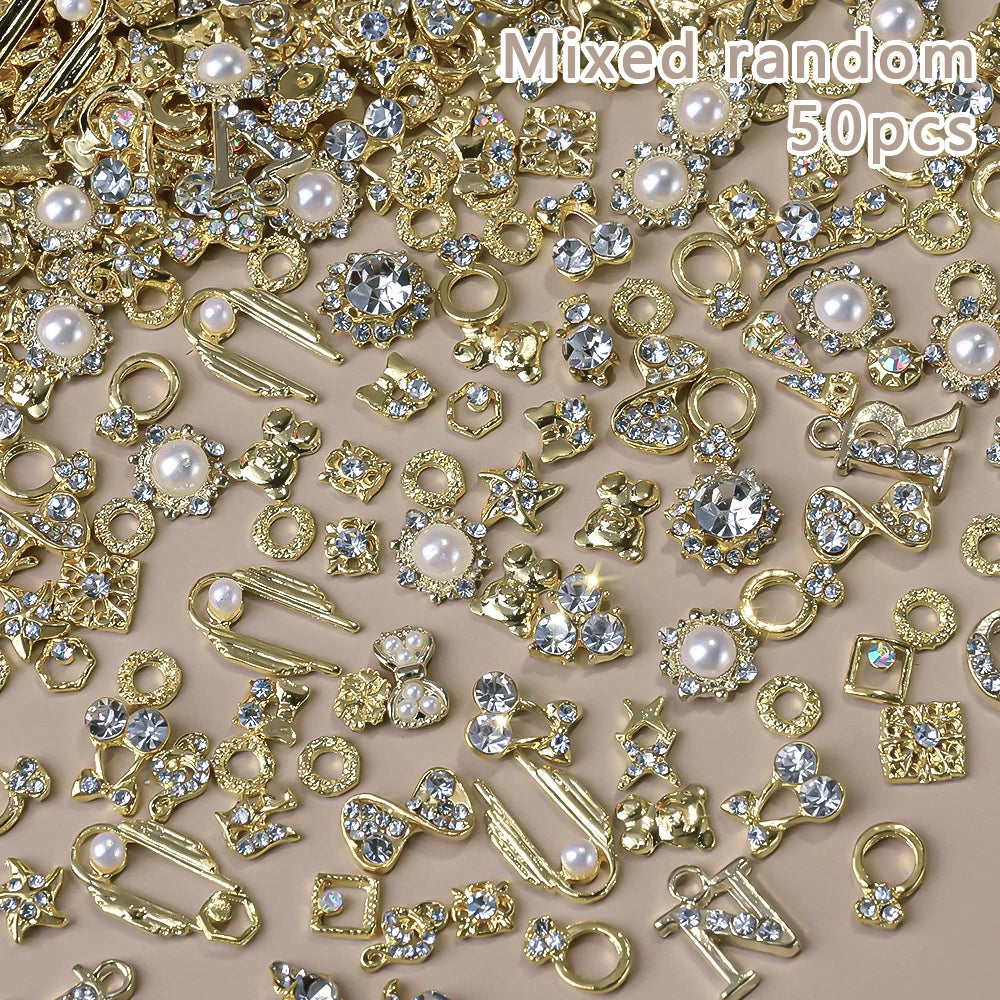 50Pcs 3D Silver Bowknot/Crown Metal Nail Charms With Tassel Pendant Butterfly Nail Art Decoration Mixed Shiny Manicure Supplies