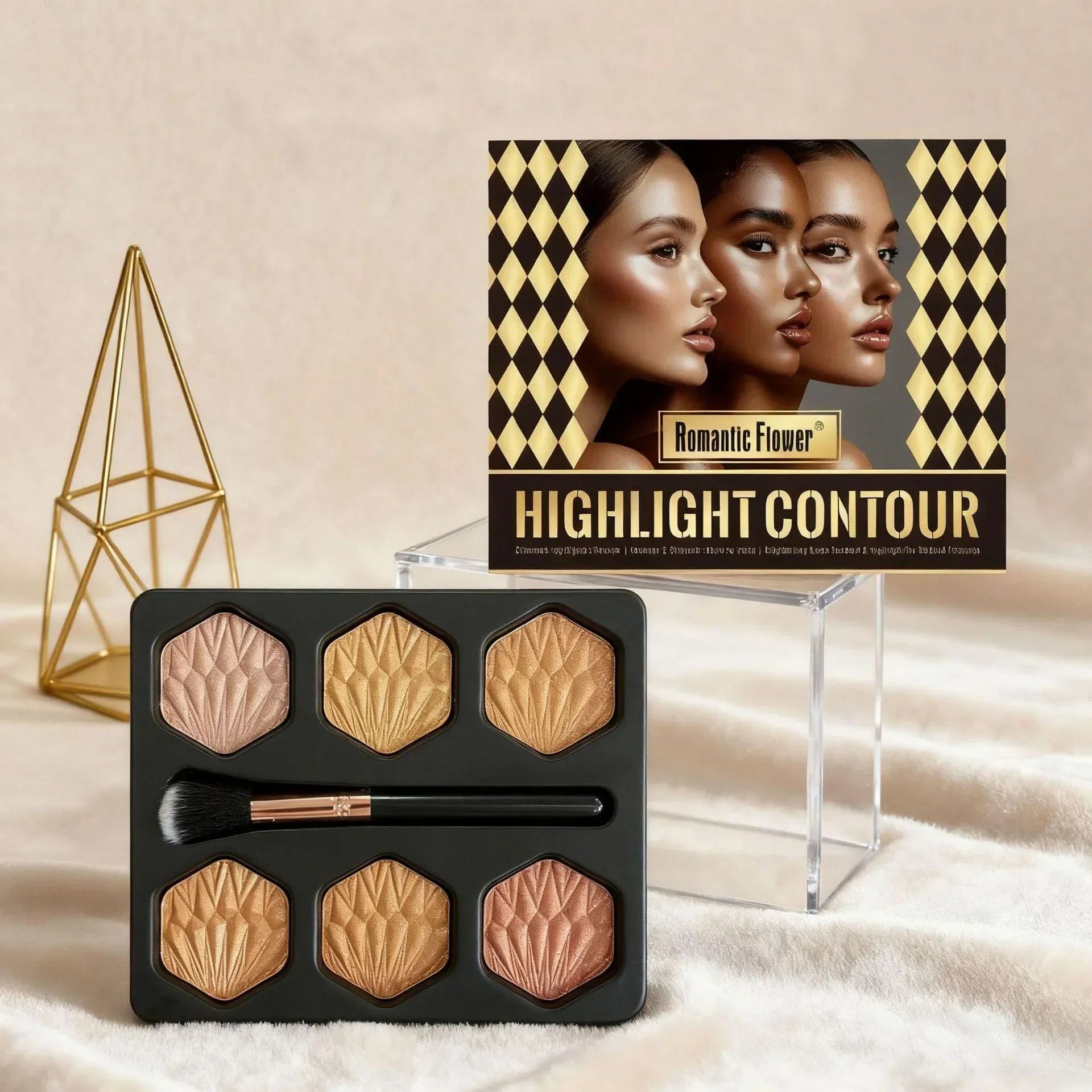 6-Color Bronzed Fine Glitter Highlighter Palette - Eyeshadow Brush Included Contour Highlighter Sculpts Facial Bones