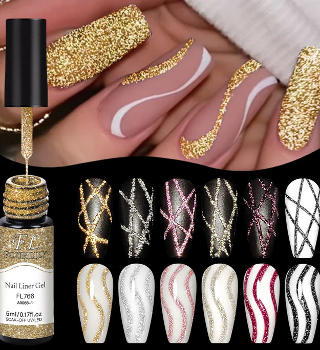 FOUR LILY 5ml Reflective Glitter Liner Nail Gel Polish Gold Silver Red Sparkling Nail Supplies UV/LED Varnish Painting Gel