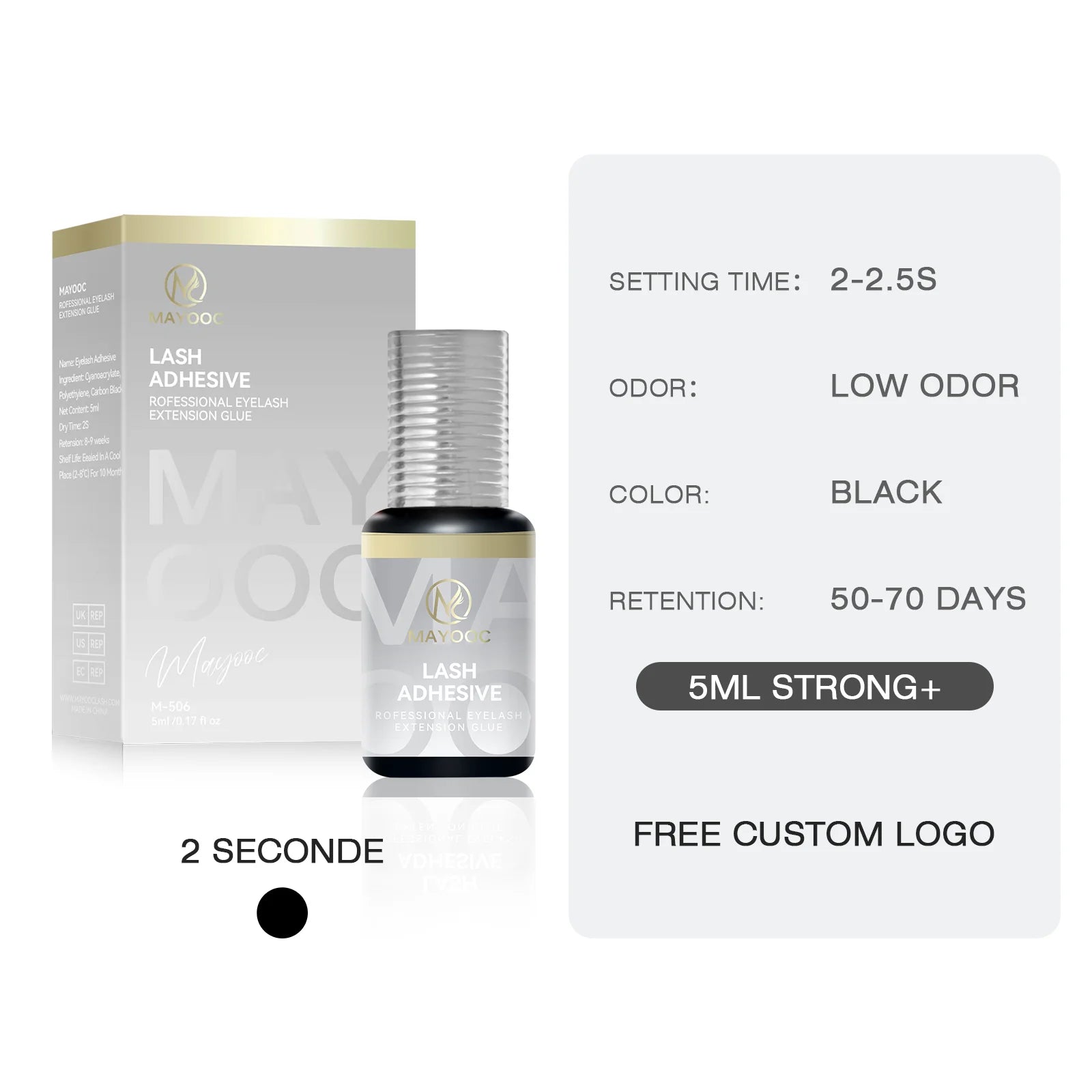 MAYOOC 0.3 Sec Eyelash Extension Glue Fast Dry Individual Lashes Glue Sensitive Eye Black Eyelash Glue Lash Free Custom Logo