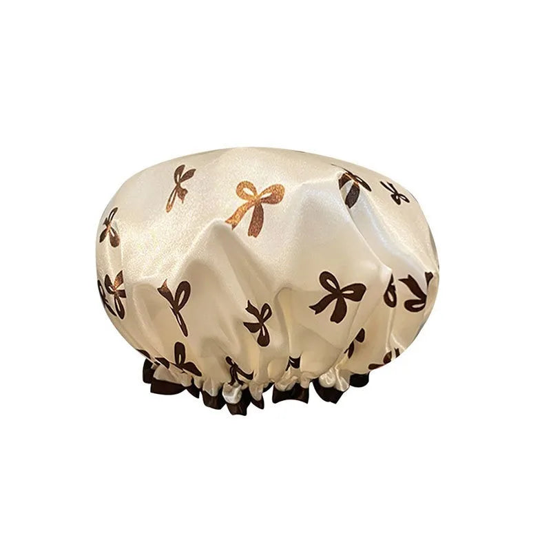 1 Bow Double Layered Waterproof Shower Cap with Ear Protection Design for Bathroom Skincare, Sweet and Practical