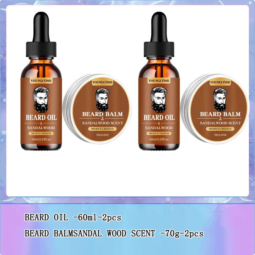 Organic Beard Growth Oil & Sandalwood Balm 1/2/4 Set-24H Nourishing, No Flakes, Men's Grooming Kit with Argan Oil & Vitamin E - BlissFully
