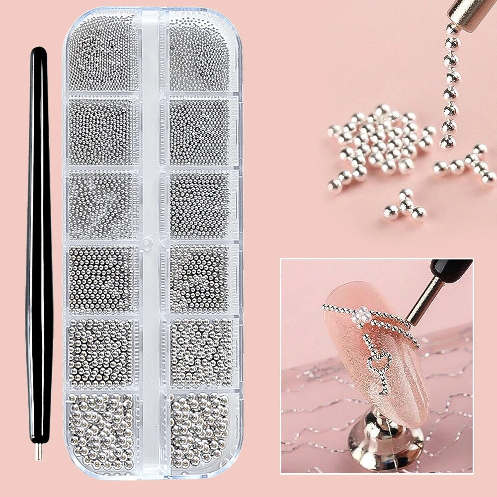 12Grids Mini Caviar Beads Nail Art Decorations Metal Gold/Silver Micro Ball Nail Charms Magnetic Pen 0.5~3mm Ball Nail Jewelry