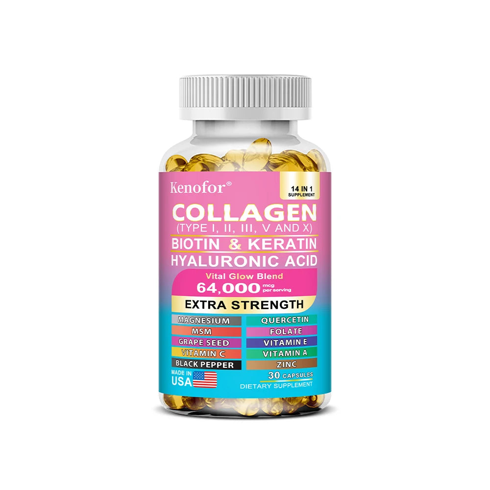 Kenofor Collagen 1000mg with Biotin 10,000mcg, Keratin Hyaluronic Acid Vitamin C Healthy Formula Dietary Supplement Gluten Free