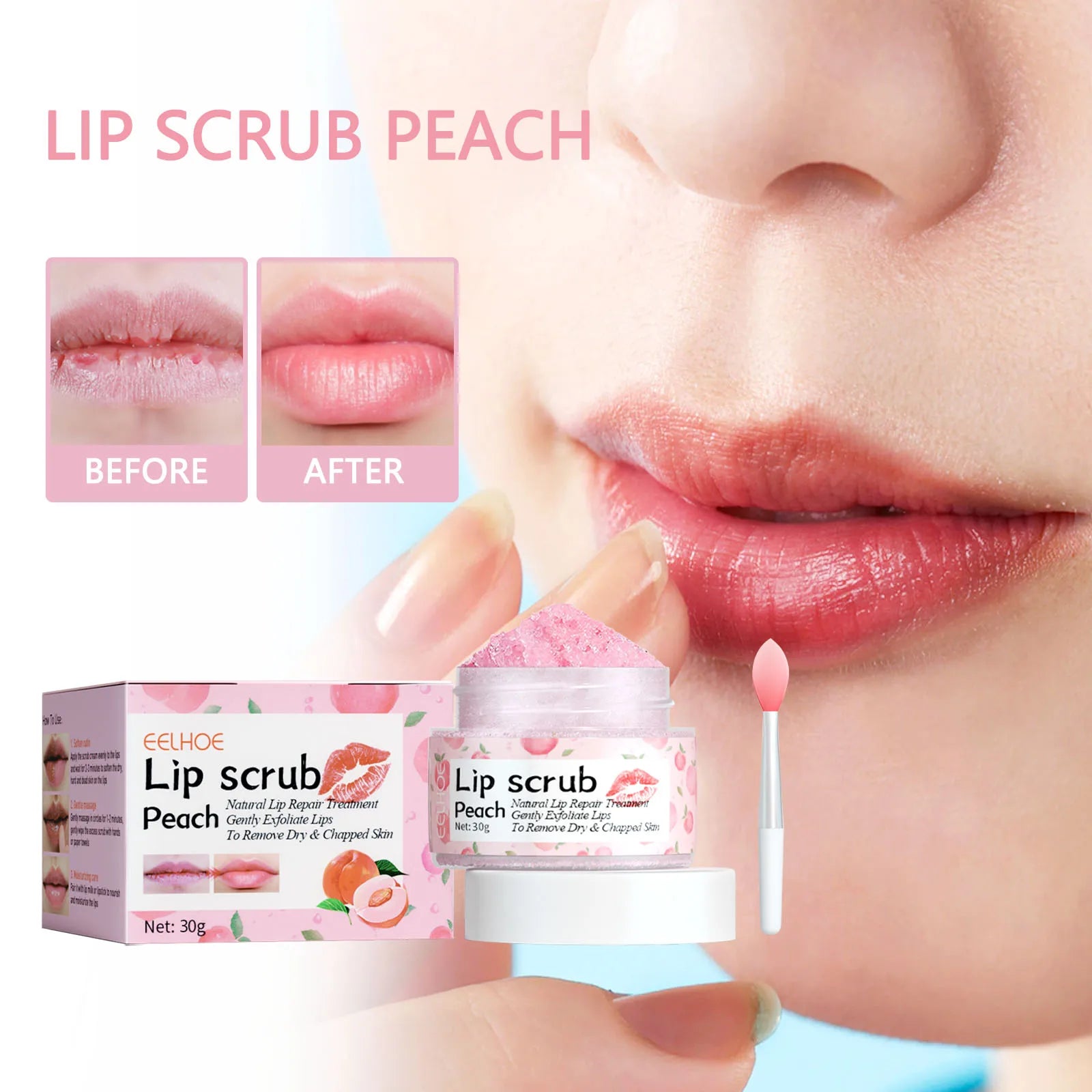 Peach Lip Scrub, Hydrating & Exfoliating Lip Care, Gently Smooths Lip Lines for Soft Skin