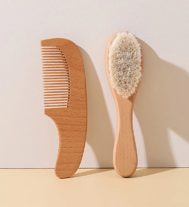 2PCS Newborn Wool Baby Wooden Brush Comb Newborn Hair Brush Infant Head Massager Portable Comb Hair Bath Brush Comb