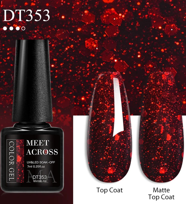 MEET ACROSS 7ml Red Gel Nail Polish Crystal Semi Permanent Soak Off UV Gel Varnish Nail Art Manicure Base Matte Top Coat Vernis