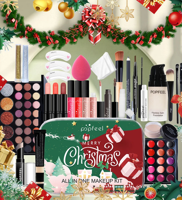 POPFEEL Christmas Makeup Set - Complete Collection of Eyeshadow, Foundation, Lipstick for Holiday Celebrations and Everyday Glam