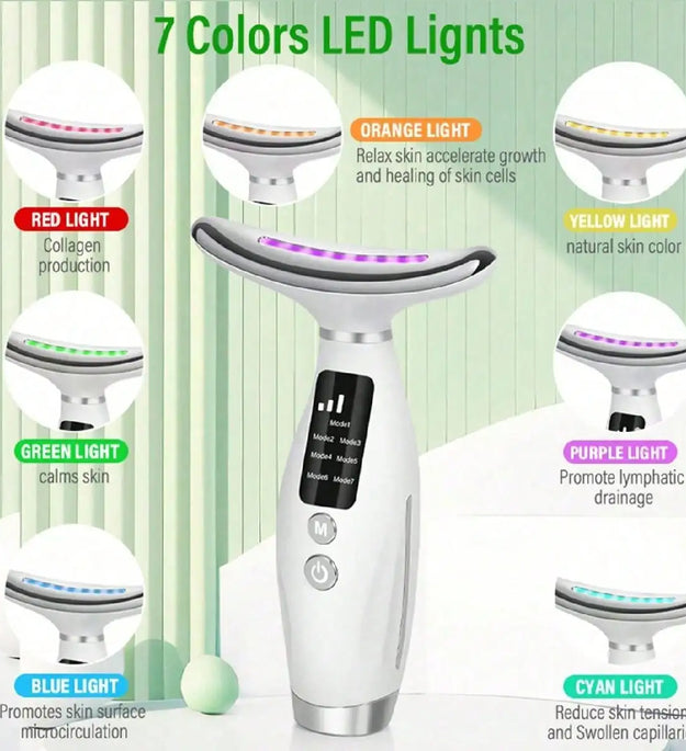 Colour Light Face And Neck Beauty Instrument 7 Modes And 7 Speeds Adjustment With Curved Hand Grip Neck Beauty Instrument
