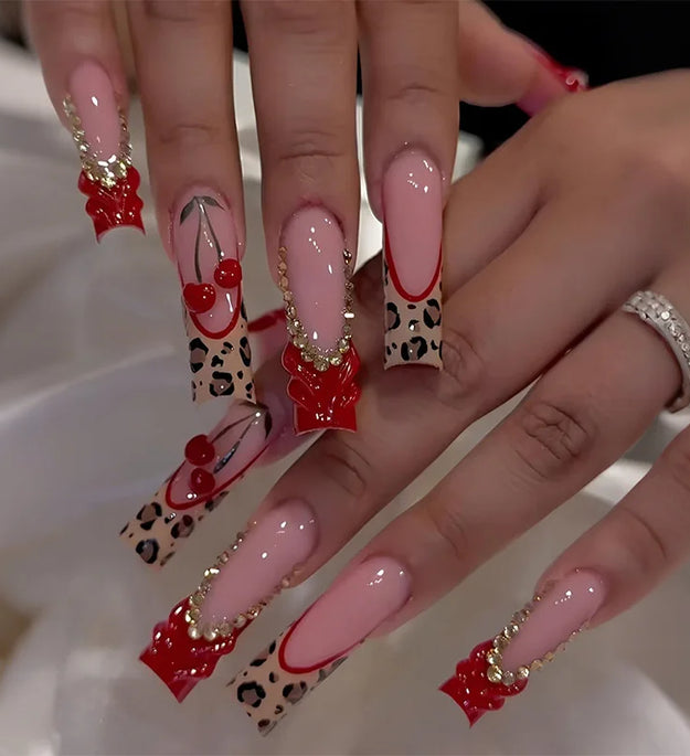 24Pcs Long Square Press on Nails Leopard Print French 3D Cherry Design False Nail Rhinestone Wearable Full Cover Fake Nails Tips