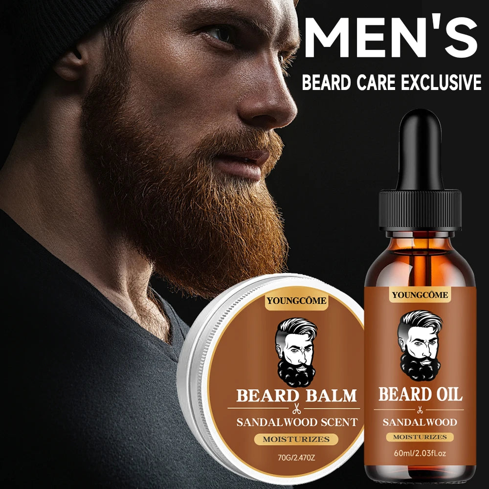 Organic Beard Growth Oil & Sandalwood Balm 1/2/4 Set-24H Nourishing, No Flakes, Men's Grooming Kit with Argan Oil & Vitamin E - BlissFully