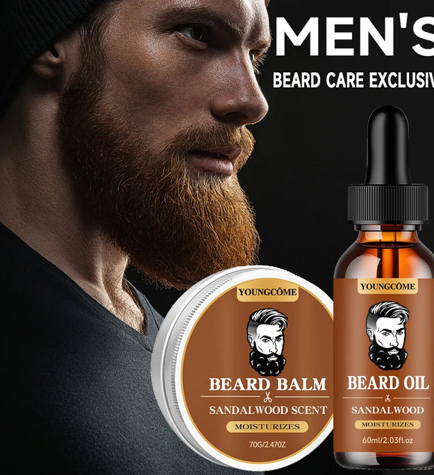 Organic Beard Growth Oil & Sandalwood Balm 1/2/4 Set-24H Nourishing, No Flakes, Men's Grooming Kit with Argan Oil & Vitamin E - BlissFully