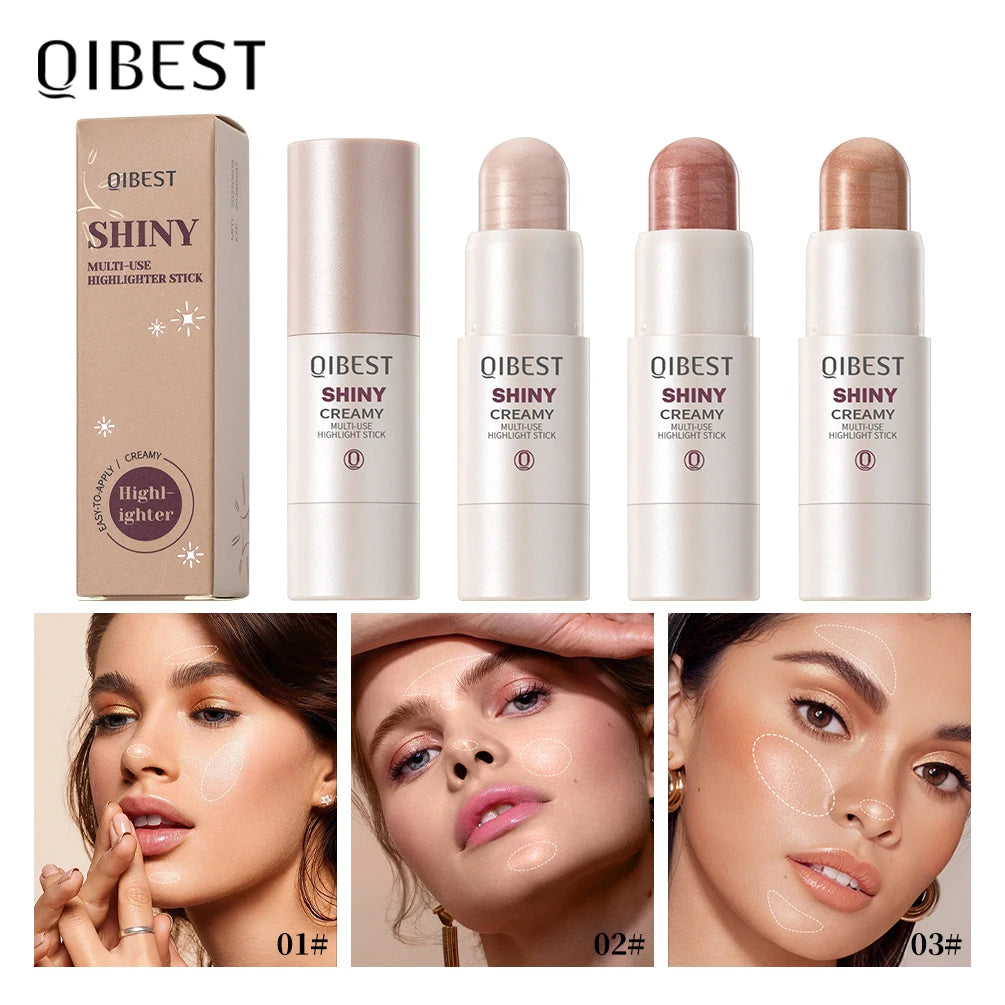 QIBEST 3 Colors 3D Face Brighten Highlighter Bar Cosmetic Face Contour Bronzer Shimmer Highlighter Stick Concealer Cream Makeup