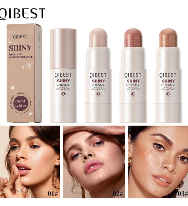 QIBEST 3 Colors 3D Face Brighten Highlighter Bar Cosmetic Face Contour Bronzer Shimmer Highlighter Stick Concealer Cream Makeup