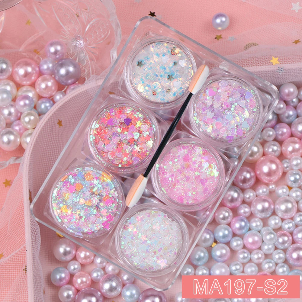 6Jars/Set Face Eye Body Hair Nail Glitter Sequins Sparkling Heart/Star/Hexagon Eyeshadow Flakes for Christmas Party Makeup Decor