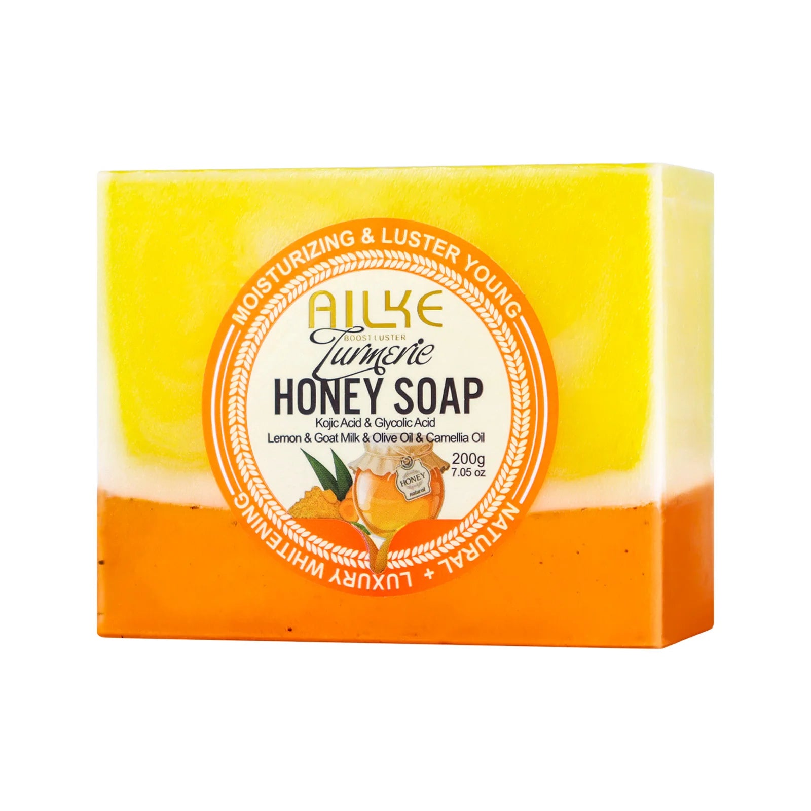 AILKE Natural Turmeric Honey Soap Bar, Whitening, Clean Skin, Remove Dark Spots, Stains, With Kojic Acid, Lemon, 200g/7 oz